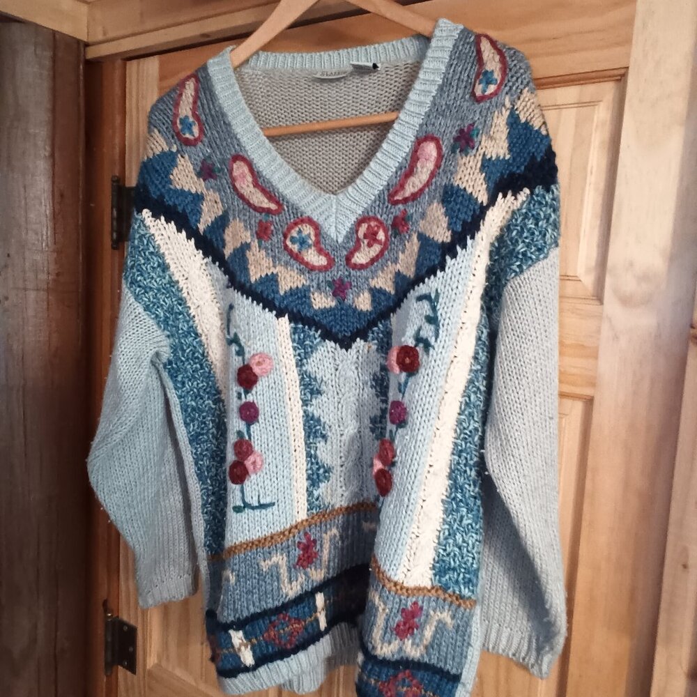 Blue V Neck Sweater with flowers